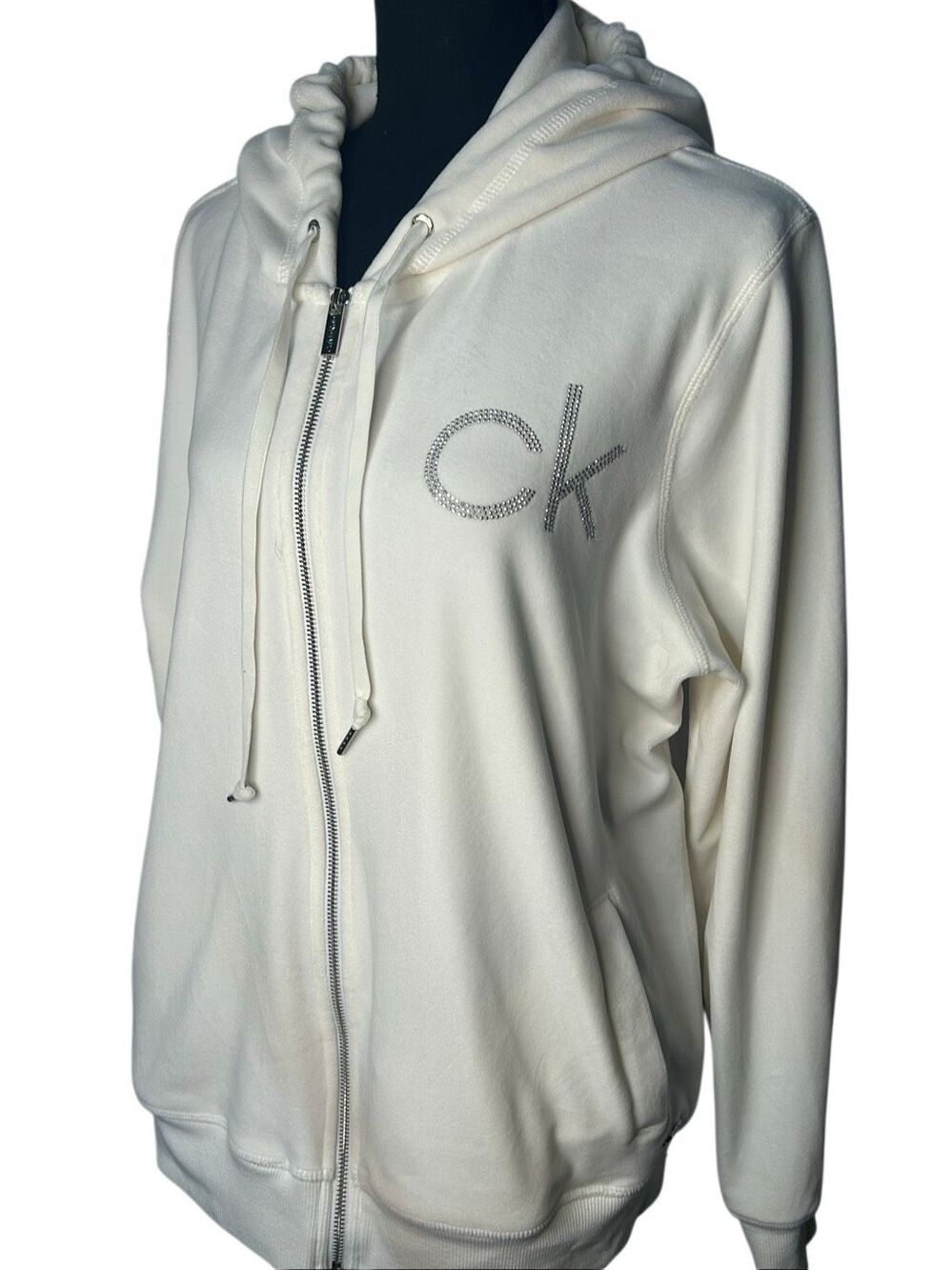 Calvin Klein Womens XL Cream Off White Velour Rhinestone CK Full Zip Hoodie